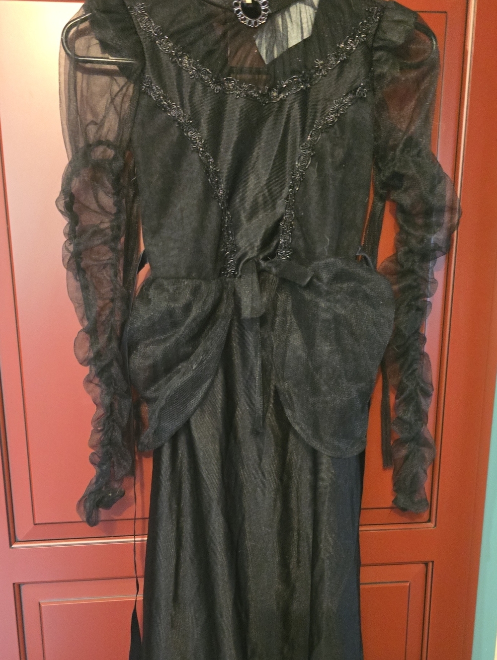 Halloween Costume Dress Sheer Long Sleeve Black Women's Dress with Bow Detail